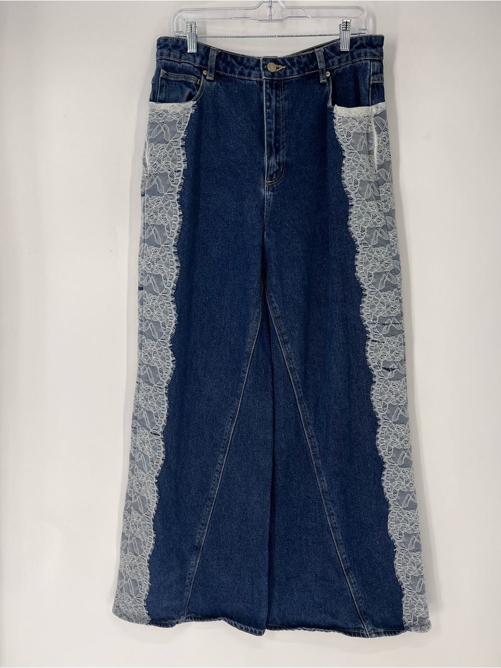 Tricia Fix x ABRAND Dark Blue Denim Upcycled White Lace Boho Wide Leg Jeans 32